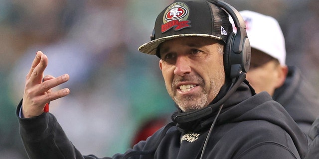 Jan 29, 2023; Philadelphia, Pennsylvania, USA; San Francisco 49ers head coach Kyle Shanahan on the sidelines against the Philadelphia Eagles during the second quarter in the NFC Championship game at Lincoln Financial Field.