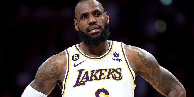 LeBron James of the Lakers during the Philadelphia 76ers game at Crypto.com Arena on Jan. 15, 2023, in Los Angeles.