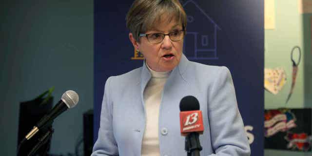 Kansas Gov. Laura Kelly speaks during a news conference at the YWCA Center for Safety and Empowerment Day Center about her proposals for cutting taxes, Monday, Jan. 23, 2023, in Topeka, Kansas.