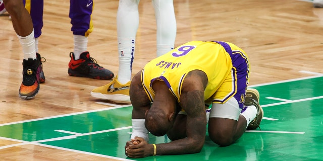 January 28, 2023; Boston, Massachusetts, USA; Los Angeles Lakers forward LeBron James (6) reacts during the second half against the Boston Celtics at TD Garden.