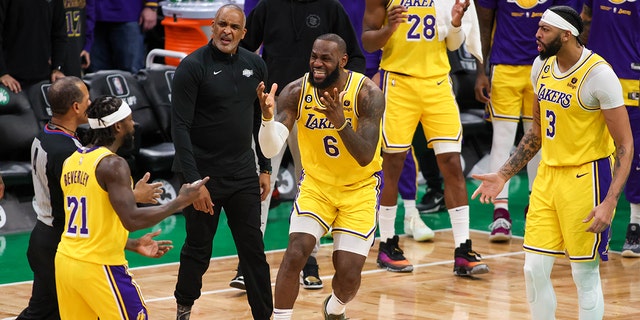 Jan 28, 2023; Boston, Massachusetts, USA; Los Angeles Lakers forward LeBron James (6) reacts during the second half against the Boston Celtics at TD Garden.