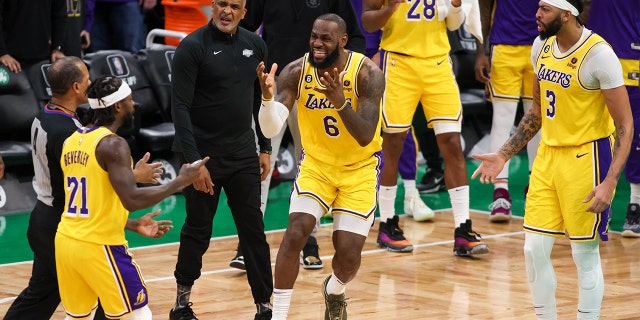 January 28, 2023; Boston, Massachusetts, USA; Los Angeles Lakers forward LeBron James (6) reacts during the second half against the Boston Celtics at TD Garden.