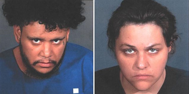 Booking photos showing accused child killers Kareem Leiva and Heather Barron.