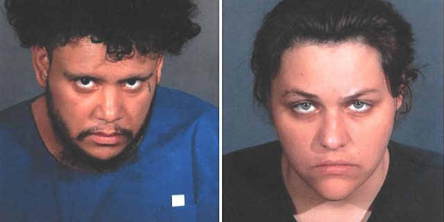 Booking photos showing accused child killers Kareem Leiva and Heather Barron.