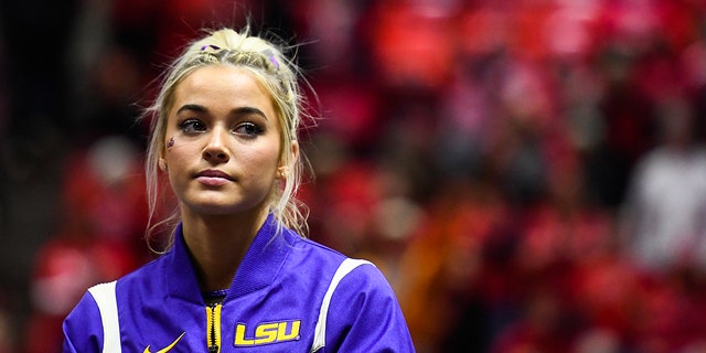 LSU's Olivia Dunne looks on after a PAC-12 game against Utah at the Jon M. Huntsman Center on January 6, 2023 in Salt Lake City.