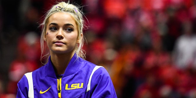 LSU's Olivia Dunne looks on after a PAC-12 game against Utah at the Jon M. Huntsman Center on January 6, 2023 in Salt Lake City.