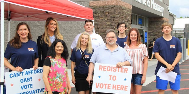 Former Republican Senator Kelly Leffler and Georgia campaign for voter registration in July 2022.