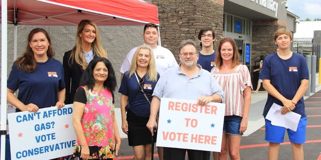 Former Republican Sen. Kelly Loeffler and Greater Georgia host a voter registration drive in July 2022.