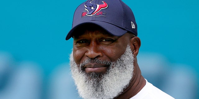 Head coach Lovie Smith of the Houston Texans looks on before a game against the Miami Dolphins at Hard Rock Stadium on November 27, 2022 in Miami Gardens, Florida.