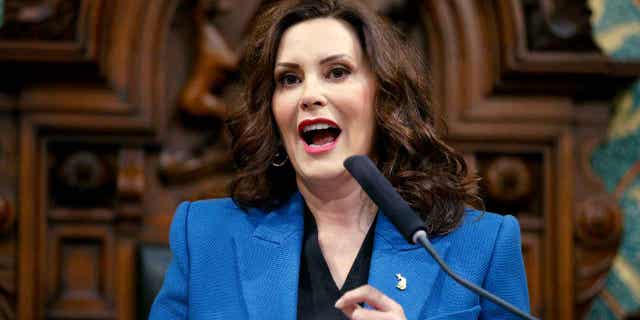 Michigan Gov. Gretchen Whitmer delivers her State of the State address on Jan. 25, 2023, at the state Capitol in Lansing, Michigan.