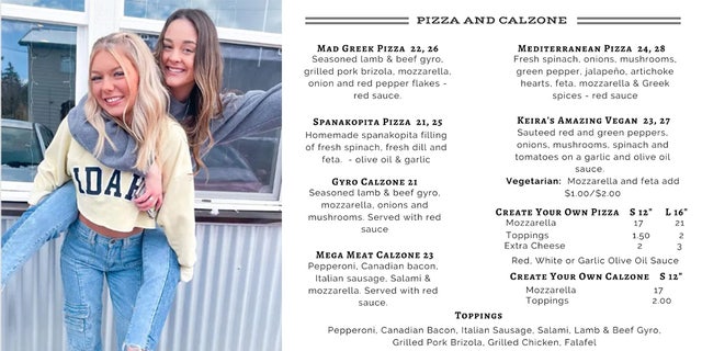 Slain University of Idaho students Madison Mogen and Xana Kernodle, who worked at the Mad Greek restaurant. Accused killer Bryan Kohberger ordered vegan pizza from the eatery, which is featured on the menu.