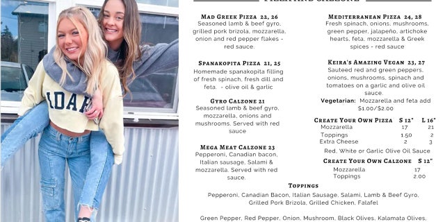 Slain University of Idaho students Madison Mogen and Xana Kernodle, who worked at the Mad Greek restaurant. Accused killer Bryan Kohberger ordered vegan pizza from the eatery, which is featured on the menu.