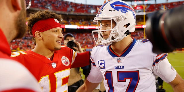 Patrick Mahomes, #15 of the Kansas City Chiefs, shakes hands with Josh Allen, #17 of the Buffalo Bills, after the game at Arrowhead Stadium on October 16, 2022 in Kansas City, Missouri.  Buffalo defeated Kansas City 24-20.