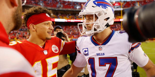 Patrick Mahomes, #15 of the Kansas City Chiefs, shakes hands with Josh Allen, #17 of the Buffalo Bills, after the game at Arrowhead Stadium on October 16, 2022 in Kansas City, Missouri.  Buffalo defeated Kansas City 24-20.