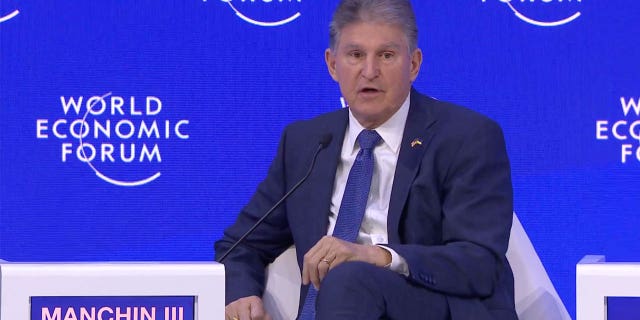 Sen. Joe Manchin speaks during a panel discussion at the World Economic Forum in Davos, Switzerland on Jan. 17, 2023.