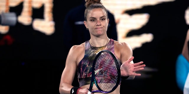 Maria Sakkari reacts after defeating Diana Shnaider at the Australian Open in Melbourne, Wednesday, January 18, 2023. 
