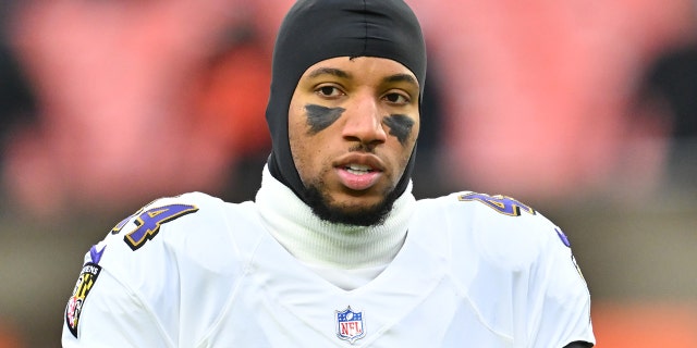 Marlon Humphrey of the Baltimore Ravens before the Browns game at FirstEnergy Stadium on Dec. 17, 2022 in Cleveland.