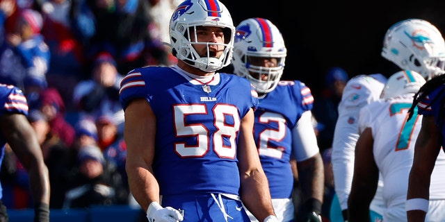 Buffalo Bills linebacker Matt Milano (58) reacts during the first half of the wild-card playoff game against the Miami Dolphins, Sunday, Jan. 15, 2023, in Orchard Park, New York.
