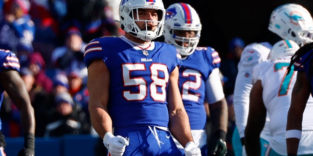 Buffalo Bills linebacker Matt Milano (58) reacts during the first half of the wild-card playoff game against the Miami Dolphins, Sunday, Jan. 15, 2023, in Orchard Park, New York.