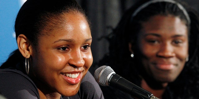 Minnesota Lynx first-round draft picks Maya Moore, left, and Amber Harris talk to reporters, April 12, 2011, in Minneapolis, the day after the WNBA basketball draft.