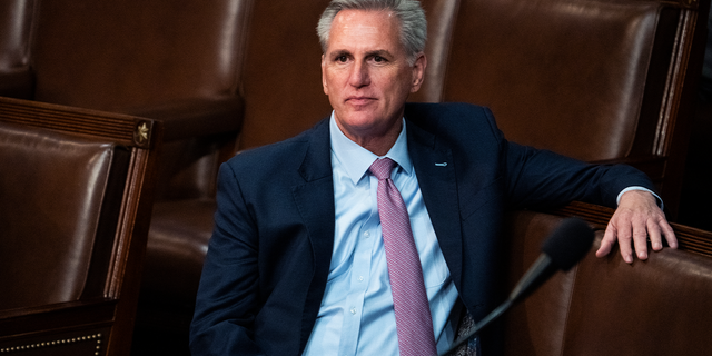 Republican Leader Kevin McCarthy, R-Calif., is seen on the House floor after a vote in which he did not receive enough votes for Speaker of House on Friday, Jan. 6, 2023.