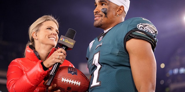 Philadelphia Eagles quarterback Jalen Hurts is interviewed by Melissa Stark after a game against the Dallas Cowboys at Lincoln Financial Field.