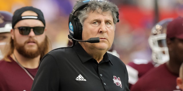 Mississippi State Bulldogs head coach Mike Leach looks on against the LSU Tigers on Sept. 17, 2022, in Baton Rouge, Louisiana.