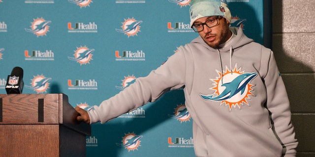 Miami Dolphins head coach Mike McDaniel talks to reporters after an NFL wild-card playoff football game against the Buffalo Bills, Sunday, Jan. 15, 2023, in Orchard Park, N.Y. 