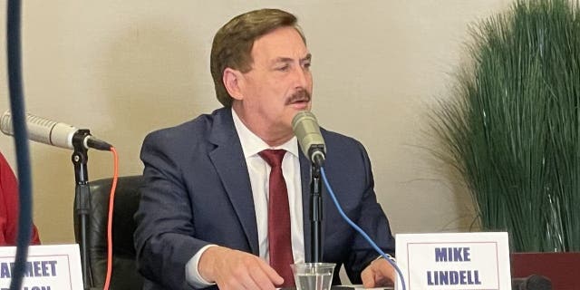 Mike Lindell speaks at an RNC chair debate in Dana Point, California, on Wednesday.