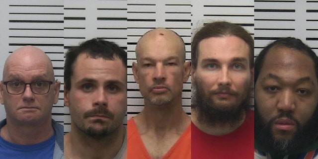 The inmates on the run have been identified as, from left to right, Kelly McSean, 52, Dakota Pace, 26, Michael Wilkins, 42, Aaron Sebastian, 30 and Lujuan Tucker, 37. 