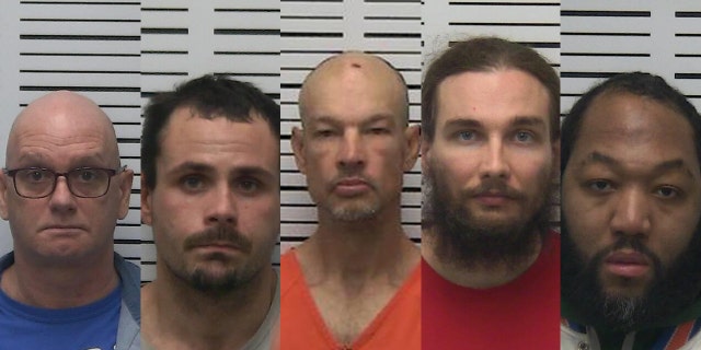 The inmates on the run have been identified as, from left to right, Kelly McSean, 52, Dakota Pace, 26, Michael Wilkins, 42, Aaron Sebastian, 30 and Lujuan Tucker, 37. 