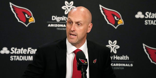 Monti Ossenfort speaks after being introduced as the new general manager of the Arizona Cardinals NFL football team during a press conference in Tempe, Ariz., Tuesday, January 17, 2023.