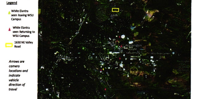 A police depiction showing the white Elantra's suspected path of travel, from court documents.