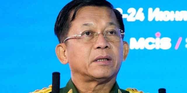 Commander-in-Chief of Myanmar's armed forces, Senior Gen. Min Aung Hlaing, delivers his speech at the IX Moscow conference on international security in Moscow on June 23, 2021. The United Nations secretary-general recently voiced his support of the Myanmar people's democratic aspirations.