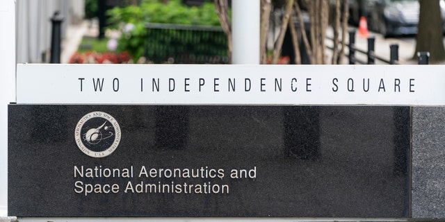 The NASA Headquarters sign is in Washington, DC on June 26, 2020 