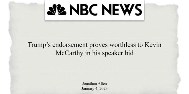 NBC News memuat berita utama brutal tentang mantan Presiden Trump "tidak berguna" dukungan dari Kevin McCarthy sebagai pembicara.