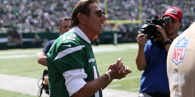 Joe Namath on the field during the first quarter of a game between the New York Jets and the Buffalo Bills at MetLife Stadium on September 8, 2019 in East Rutherford, New Jersey. 