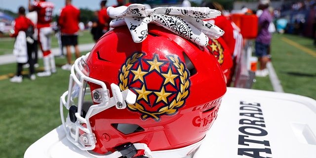 Detailed view of a New Jersey Generals helmet on top of a Gatorade cart during the USFL playoff game against the Philadelphia Stars on June 25, 2022 at Tom Benson Hall of Fame Stadium in Canton, Ohio.