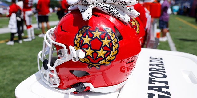 Detailed view of a New Jersey Generals helmet on top of a Gatorade cart during the USFL playoff game against the Philadelphia Stars on June 25, 2022 at Tom Benson Hall of Fame Stadium in Canton, Ohio.