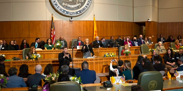 New Mexico Gov. Michelle Lujan Grisham delivers her State of the State address at the opening day of an annual legislative session in the House of Representatives in Santa Fe on Jan. 17. Lawmakers will consider a bill requiring certain sex offenders to undergo chemical castration as a condition of their parole. 