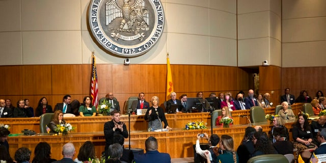 New Mexico Gov. Michelle Lujan Grisham delivers her State of the State address at the opening day of an annual legislative session in the House of Representatives in Santa Fe on Jan. 17. Lawmakers will consider a bill requiring certain sex offenders to undergo chemical castration as a condition of their parole.
