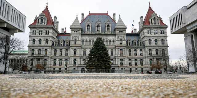 The New York Capitol is seen prior to Gov. Kathy Hochul delivering her State of the State address in the assembly chamber Jan. 10, 2023, in Albany, N.Y.