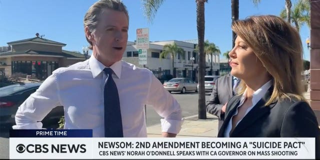 Democratic Gavin Newsom slammed the Second Amendment as becoming a "suicide pact" during an interview with CBS News anchor Norah O'Donnell.