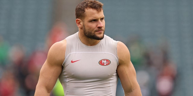 San Francisco 49ers' Nick Bosa is shown during warmups before the NFC Championship Game at Lincoln Financial Field in Philadelphia on Jan. 29, 2023.