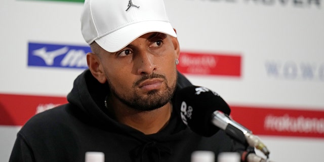 FILE - Nick Kyrgios of Australia speaks during a press conference after defeating Tseng Chun-Hsin of Taiwan during a singles match at the Rakuten Open tennis championships in Tokyo, Tuesday, Oct. 4, 2022.
