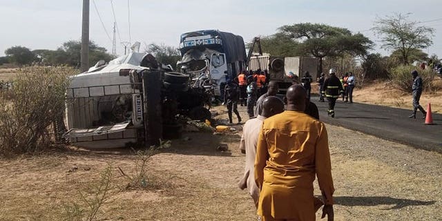 A view of an accident scene near Sakal, northern Senegal, on Jan. 16, 2023 where nineteen people were killed when a bus and a truck collided.