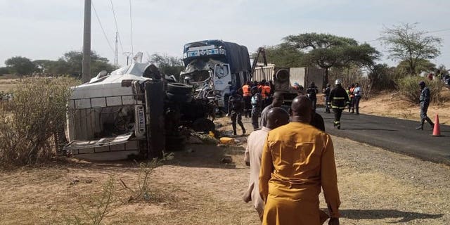 A view of an accident scene near Sakal, northern Senegal, on Jan. 16, 2023 where nineteen people were killed when a bus and a truck collided.