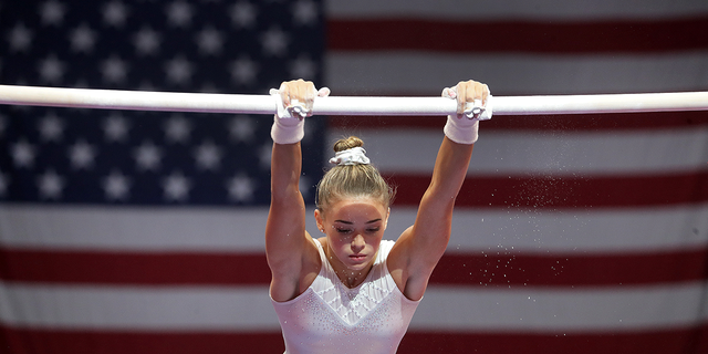 Olivia Dunne practices on the uneven bars for the USA Gymnastics Championships at TD Garden in Boston on August 15, 2018. 