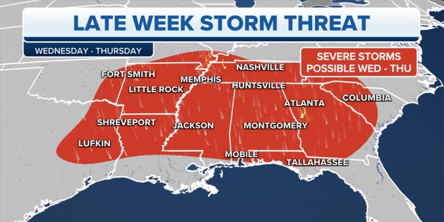 A late-week storm threat for the Southeast on Wednesday and into Thursday