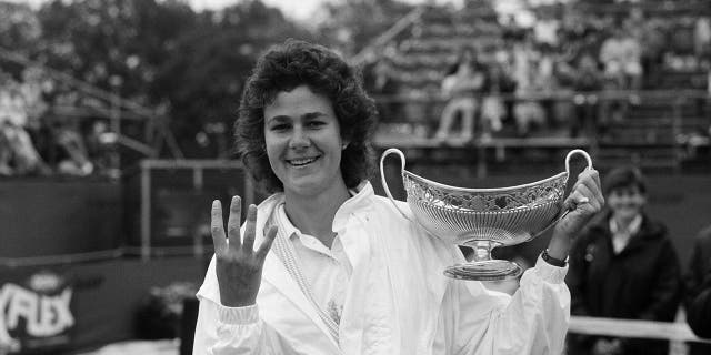 Pam Shriver with the trophy from the Dow Chemical Classic Tennis Tournament at the Edgbaston Priory Club on June 14, 1987.